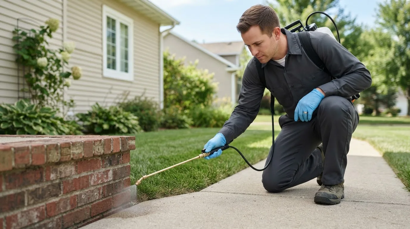 Pest control technician treating a home near Bowling Green, VA